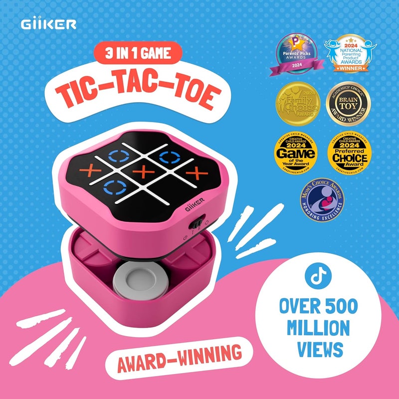 Giiker Tic Tac Toe Bolt Game, Original 3-in-1 Handheld Games, Portable Travel Games for Car Ride, Toys Gift Idea for Kids and Adults, Stocking Stuffers Birthday Gifts for Boys Girls - Pink - Image 2